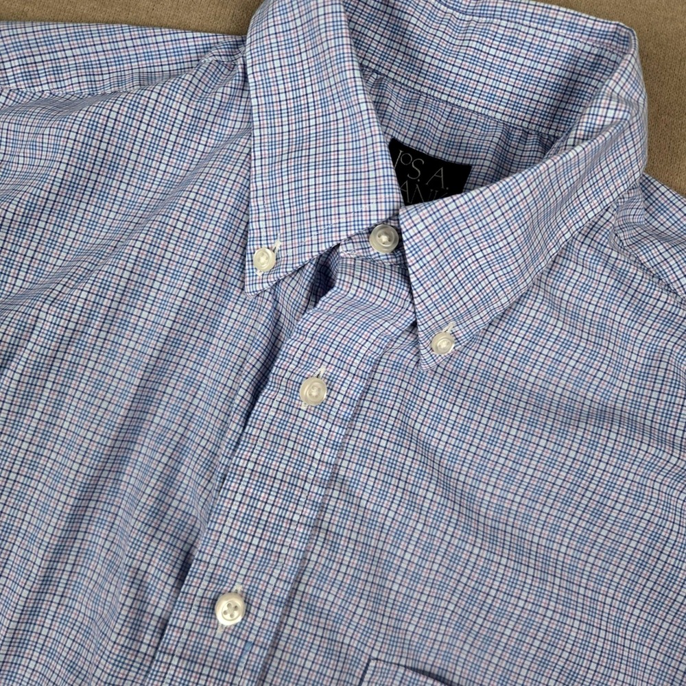 Jos A Bank Executive Collection Mens Blue Pink Micro Check Cotton Shirt Size M